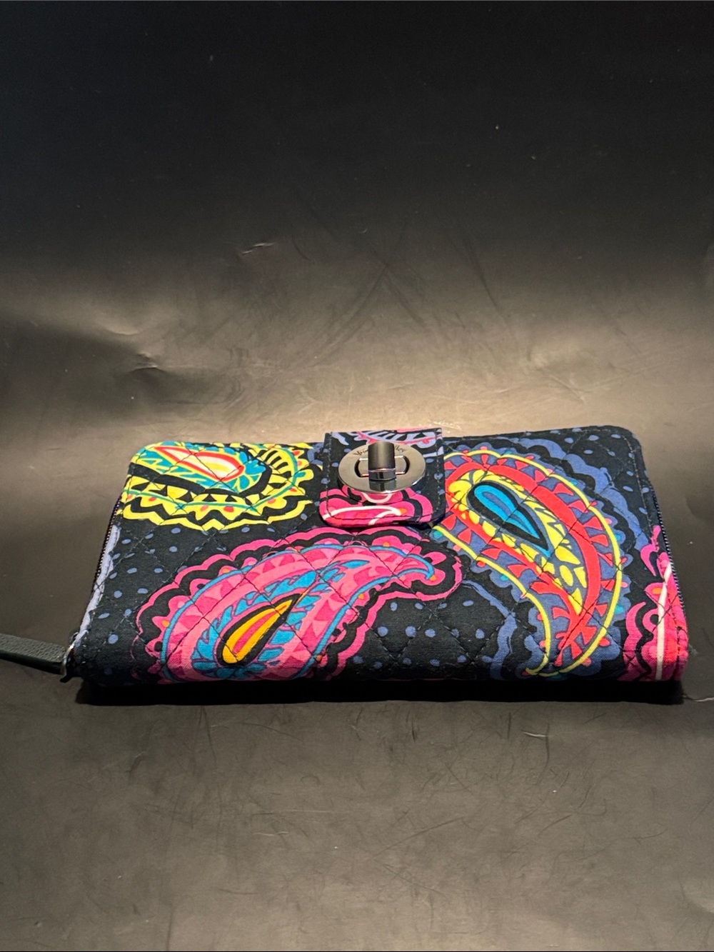 Vera Bradley Turnlock Black Paisley Fold-Over Wallet with Multi Color Accents